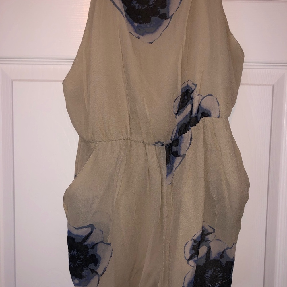 Winston White silk romper with cream blue floral